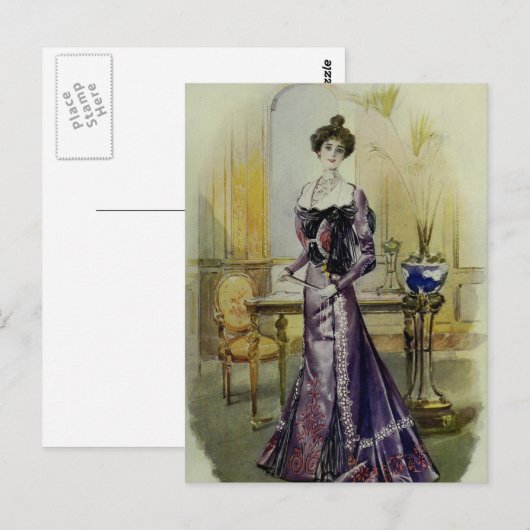 Victoriaans Lady- Frans Mode-geel jurk Briefkaart (Voorkant / Achterkant)