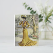 Victoriaans Lady- Frans Mode-geel jurk Briefkaart (Staand voorkant)