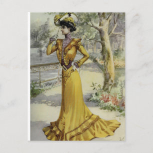 Victoriaans Lady- Frans Mode-geel jurk Briefkaart