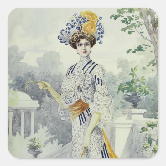 Victoriaans Lady- Frans Mode-wit jurk Vierkante Sticker (Voorkant)