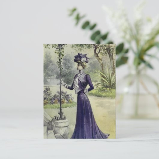 Victoriaans Lady- Franse Mode-Violet Jurk Briefkaart (Staand voorkant)