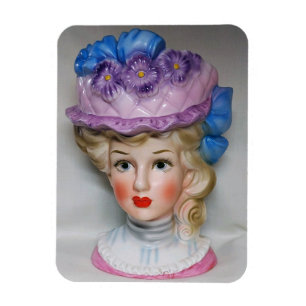 Victoriaans Lady Head Vase Roze en Paars Floral Pe Magneet