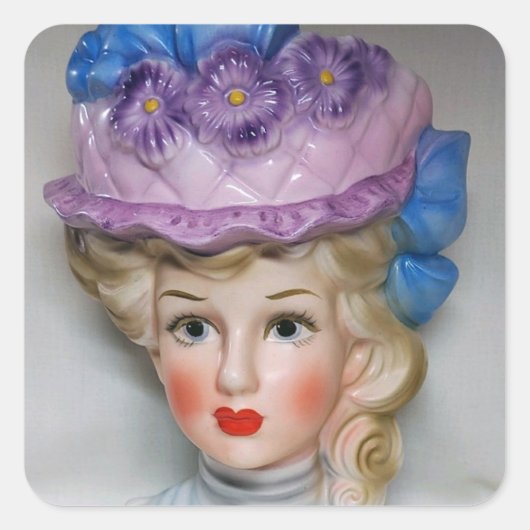 Victoriaans Lady Head Vase Roze en Paars Floral Pe Vierkante Sticker (Voorkant)