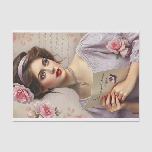 Victoriaans Lady Lila Bloemen Script Decoupage Tissuepapier (Voorkant)