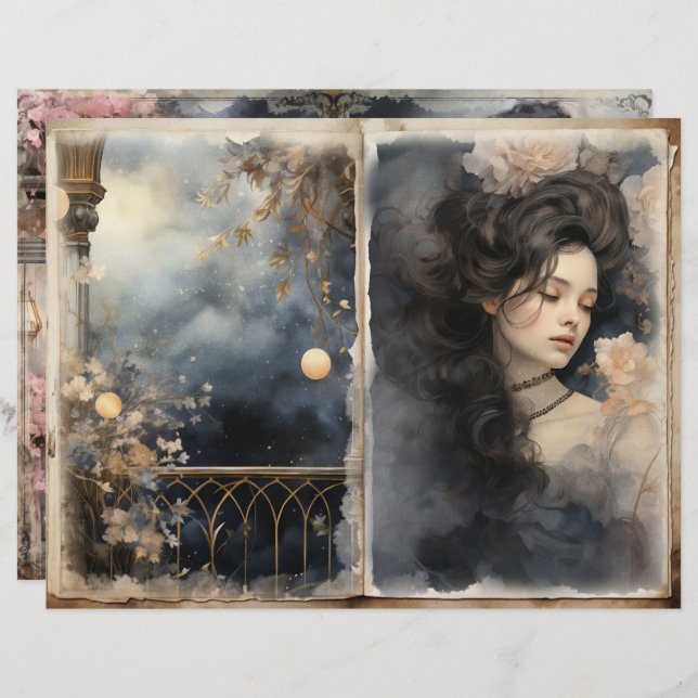 Victoriaans Lady Midnight Blue Junk Journal Pages (Voorkant / Achterkant)