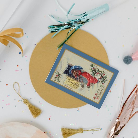  Victoriaans Lady Red Blue-kerstfeestdag Briefkaart