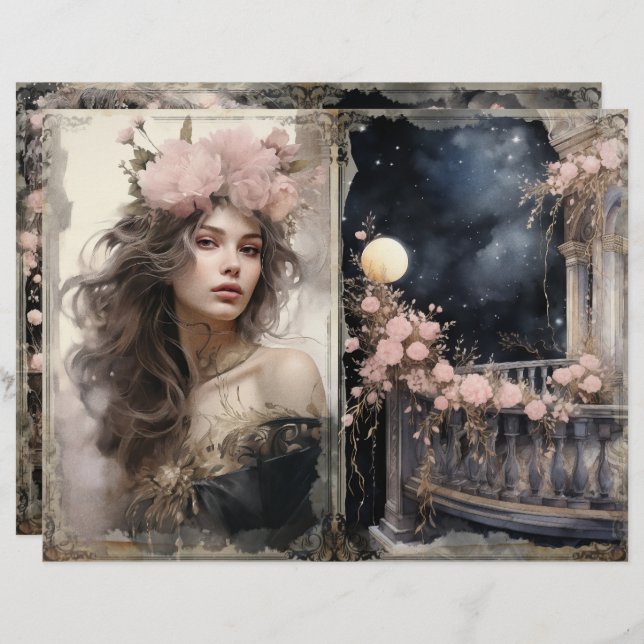 Victoriaans Lady Roze Zwart Junk Journal Page (Voorkant / Achterkant)