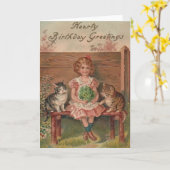 Victoriaans 'Little Girl'- en 'Kittens Birthday'-k Kaart (Gele Bloem)