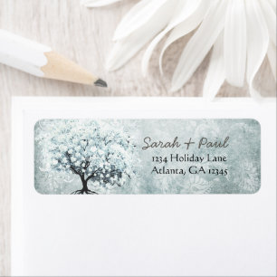 Victoriaans Love Bird Blue Damask Heart Leaf Tree Etiket