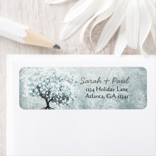 Victoriaans Love Bird Blue Damask Heart Leaf Tree Etiket (Insitu)