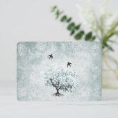 Victoriaans Love Bird Blue Damask Heart Leaf Tree RSVP Kaartje (Staand voorkant)