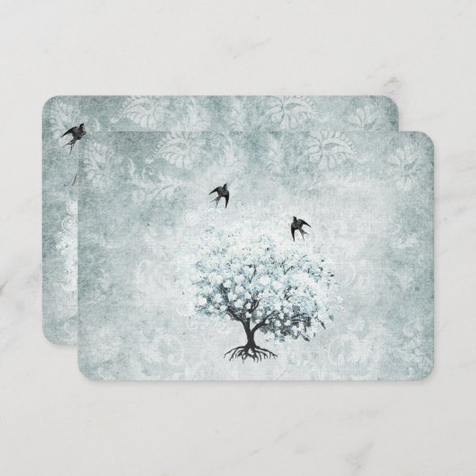 Victoriaans Love Bird Blue Damask Heart Leaf Tree RSVP Kaartje (Voorkant / Achterkant)