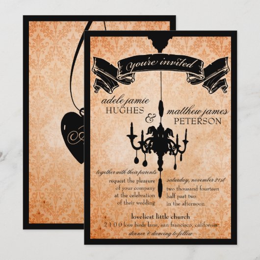 Victoriaans luchters: oranje en zwarte bruiloft kaart (Voorkant / Achterkant)