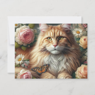 Victoriaans Maine Coon Kat met Roze Rozen Briefkaart