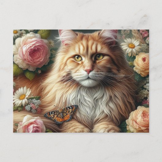 Victoriaans Maine Coon Kat met Roze Rozen Briefkaart (Voorkant)