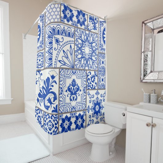 Victoriaans Majolica: Patchwork Tegel Pattern. Douchegordijn (In situ)