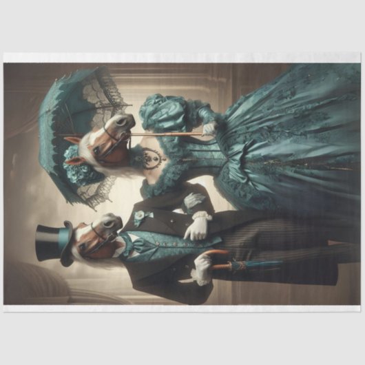 Victoriaans Man Vrouw Paardenhoofd Blauwgroen Deco Tissuepapier (Voorkant)