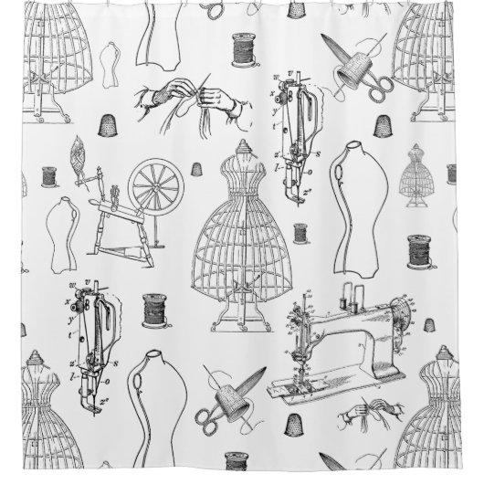 Victoriaans Mannequin antiek naaimachine werktuig Douchegordijn (Voorkant)