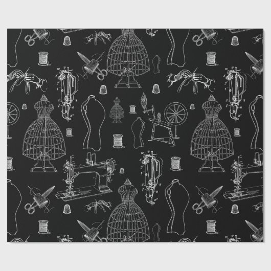 Victoriaans mannequin antiek naaimachine zwart cadeaupapier (Vlak)