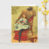Victoriaans meisje dat een boek leest met haar kat kaart (Gele Bloem)