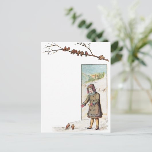 Victoriaans meisje dat vogels voedt met sneeuw briefkaart (Staand voorkant)