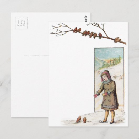 Victoriaans meisje dat vogels voedt met sneeuw briefkaart (Voorkant / Achterkant)