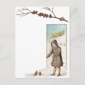 Victoriaans meisje dat vogels voedt met sneeuw briefkaart (Voorkant)