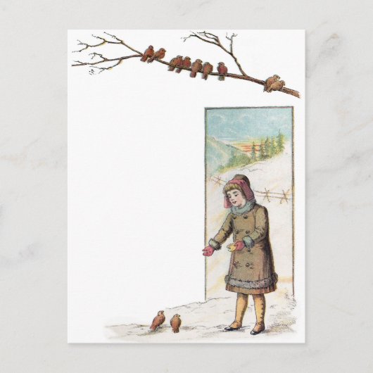 Victoriaans meisje dat vogels voedt met sneeuw briefkaart (Voorkant)