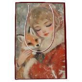  Victoriaans Meisje & Fox Kerstdecoupage Medium Cadeauzakje (Voorkant)