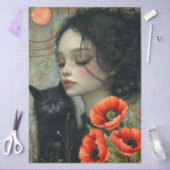 Victoriaans Meisje Kat Maan Rode Poppies Abstracte Tissuepapier (Craft)