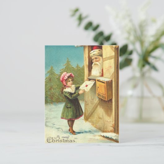 Victoriaans meisje mailt haar brief naar de kerstm feestdagenkaart (Staand voorkant)