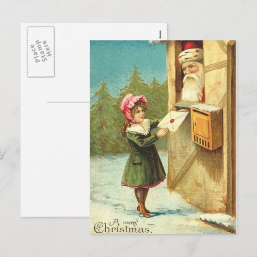 Victoriaans meisje mailt haar brief naar de kerstm feestdagenkaart (Voorkant / Achterkant)