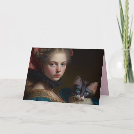 VICTORIAANS MEISJE MET CAT BIRTHDAY-WENSKAART KAART (Voorkant)