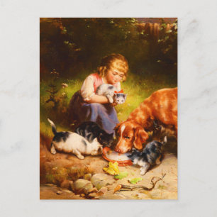 Victoriaans meisje met katjes en hond Fine Art  Briefkaart