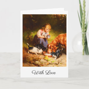 Victoriaans meisje met katjes en hond Kunst met li Kaart