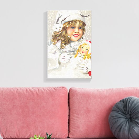 Victoriaans meisje met kerstmis met Doll in sneeuw Canvas Afdruk (Insitu (Woonkamer))