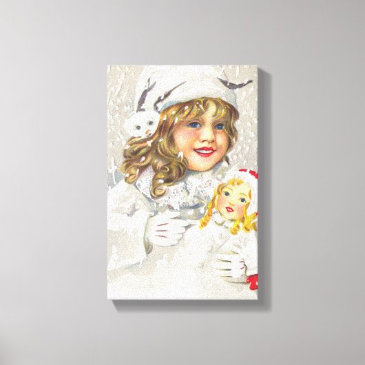 Victoriaans meisje met kerstmis met Doll in sneeuw Canvas Afdruk (Voorkant)