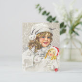 Victoriaans meisje met kerstmis met Doll in sneeuw Feestdagenkaart (Staand voorkant)