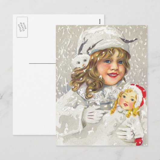 Victoriaans meisje met kerstmis met Doll in sneeuw Feestdagenkaart (Voorkant / Achterkant)
