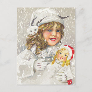 Victoriaans meisje met kerstmis met Doll in sneeuw Feestdagenkaart