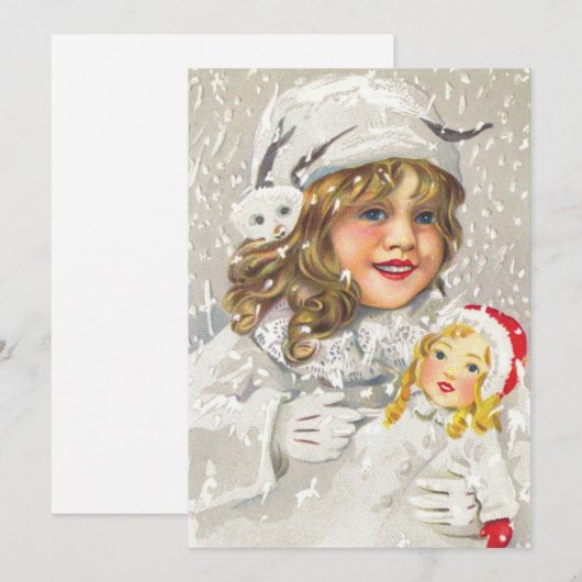 Victoriaans meisje met kerstmis met Doll in sneeuw Feestdagenkaart (Voorkant / Achterkant)