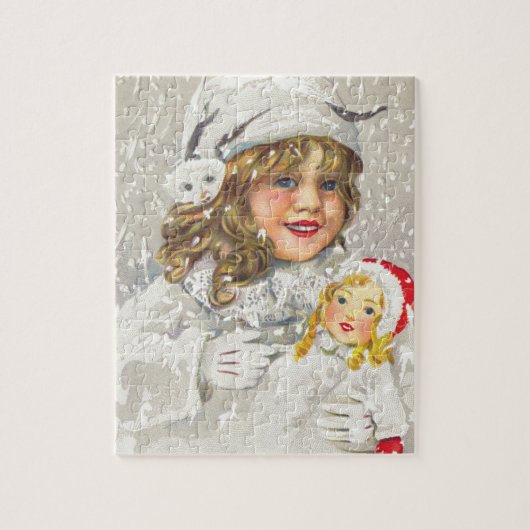 Victoriaans meisje met kerstmis met Doll in sneeuw Legpuzzel (Verticaal)