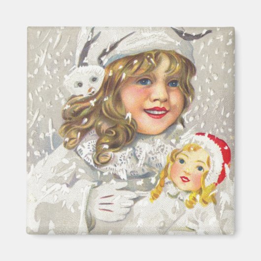 Victoriaans meisje met kerstmis met Doll in sneeuw Magneet (Voorkant)