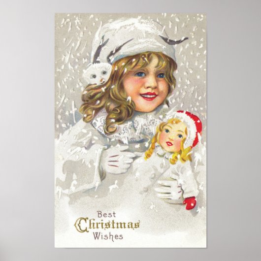 Victoriaans meisje met kerstmis met Doll in sneeuw Poster (Voorkant)