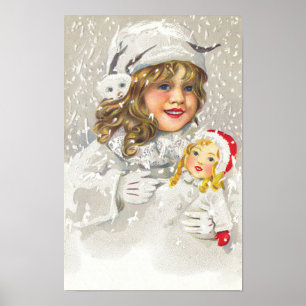 Victoriaans meisje met kerstmis met Doll in sneeuw Poster
