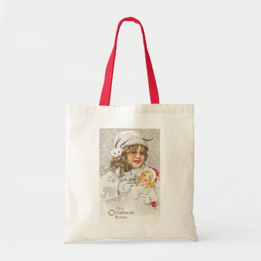 Victoriaans meisje met kerstmis met Doll in sneeuw Tote Bag (Voorkant)