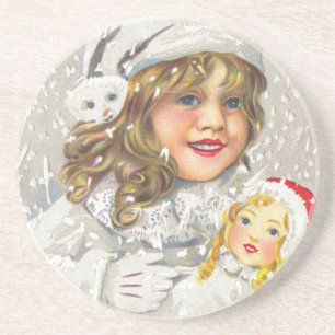 Victoriaans meisje met kerstmis met Doll in sneeuw Zandsteen Onderzetter