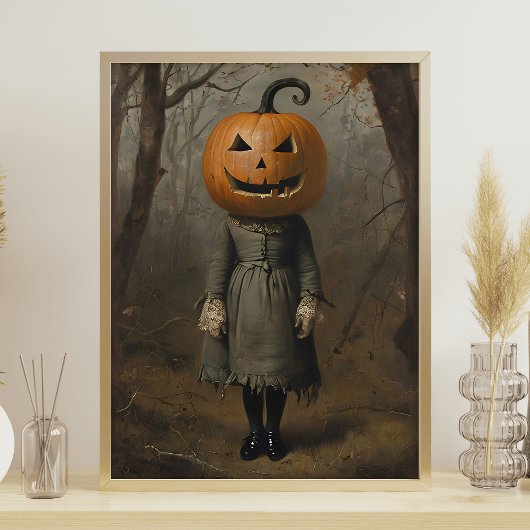 Victoriaans meisje met pompoenhoofd Halloween Wall Poster