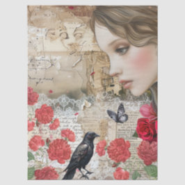 Victoriaans Meisje Rode Rozen & Raven Decoupage Tissuepapier
