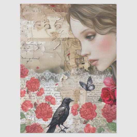  Victoriaans Meisje Rode Rozen & Raven Decoupage Tissuepapier (Voorkant)